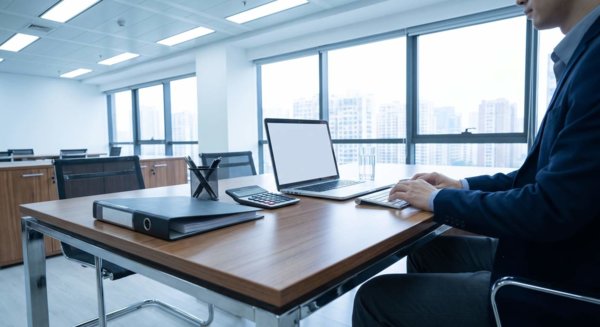 Clean workspace with laptop and documents