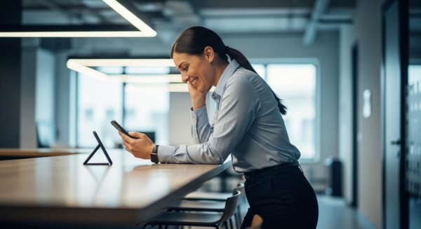 Worker viewing good news on phone