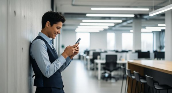 Worker viewing good news on phone