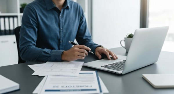 Clean workspace with laptop and documents