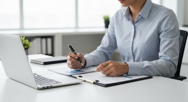 Clean workspace with laptop and documents