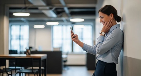 Worker viewing good news on phone