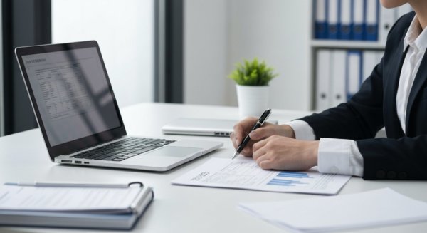 Clean workspace with laptop and documents