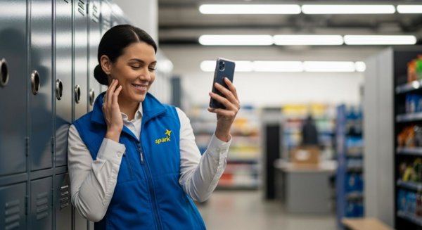 Worker viewing good news on phone