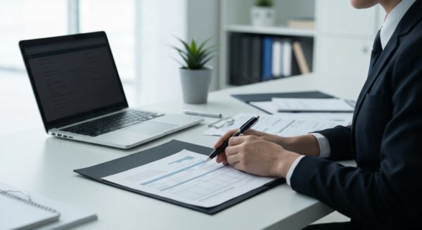 Clean workspace with laptop and documents