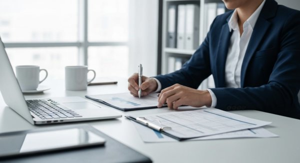 Clean workspace with laptop and documents