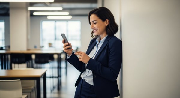 Worker viewing good news on phone