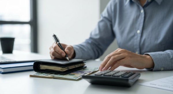 Wallet and calculator on desk