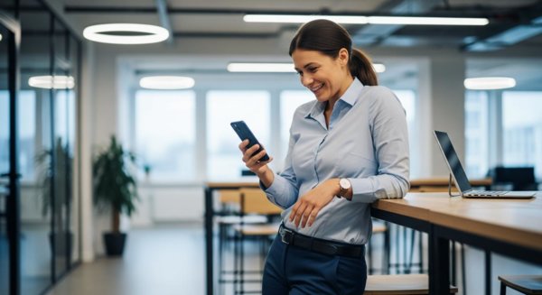 Worker viewing good news on phone