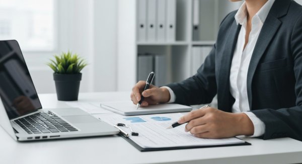 Clean workspace with laptop and documents